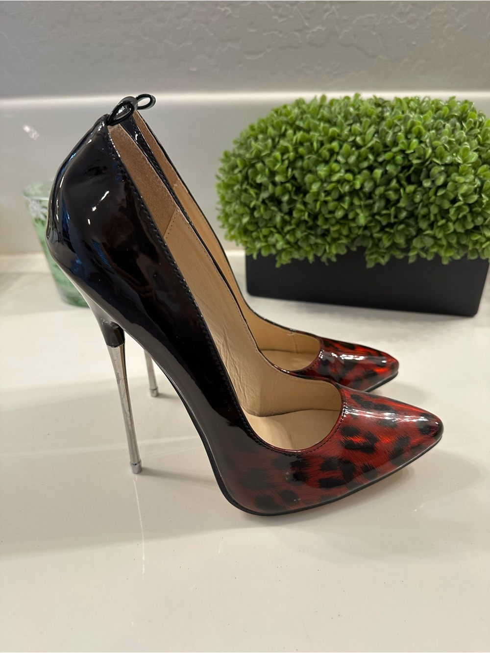 Patent Leather Red Leopard Pointed-Toe Stiletto Pumps